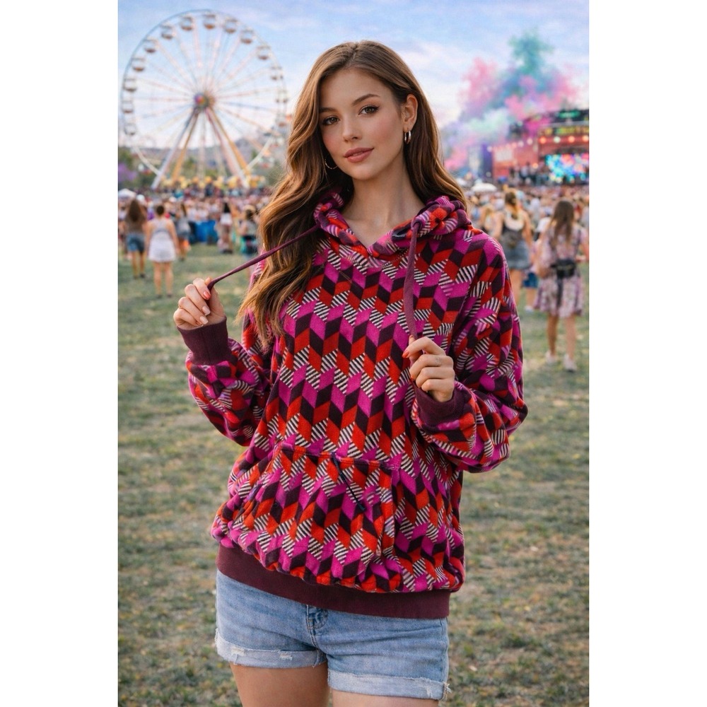 Pink Red Geometric Hoodie Sz M Pullover Fleece Kangaroo Packet Cozy Festival